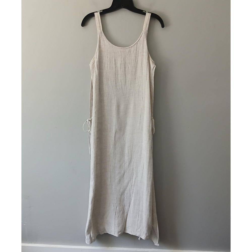 Luna Luz Women's Size Medium Beige Double Slit Maxi Midi Dress Tie Waist Woven